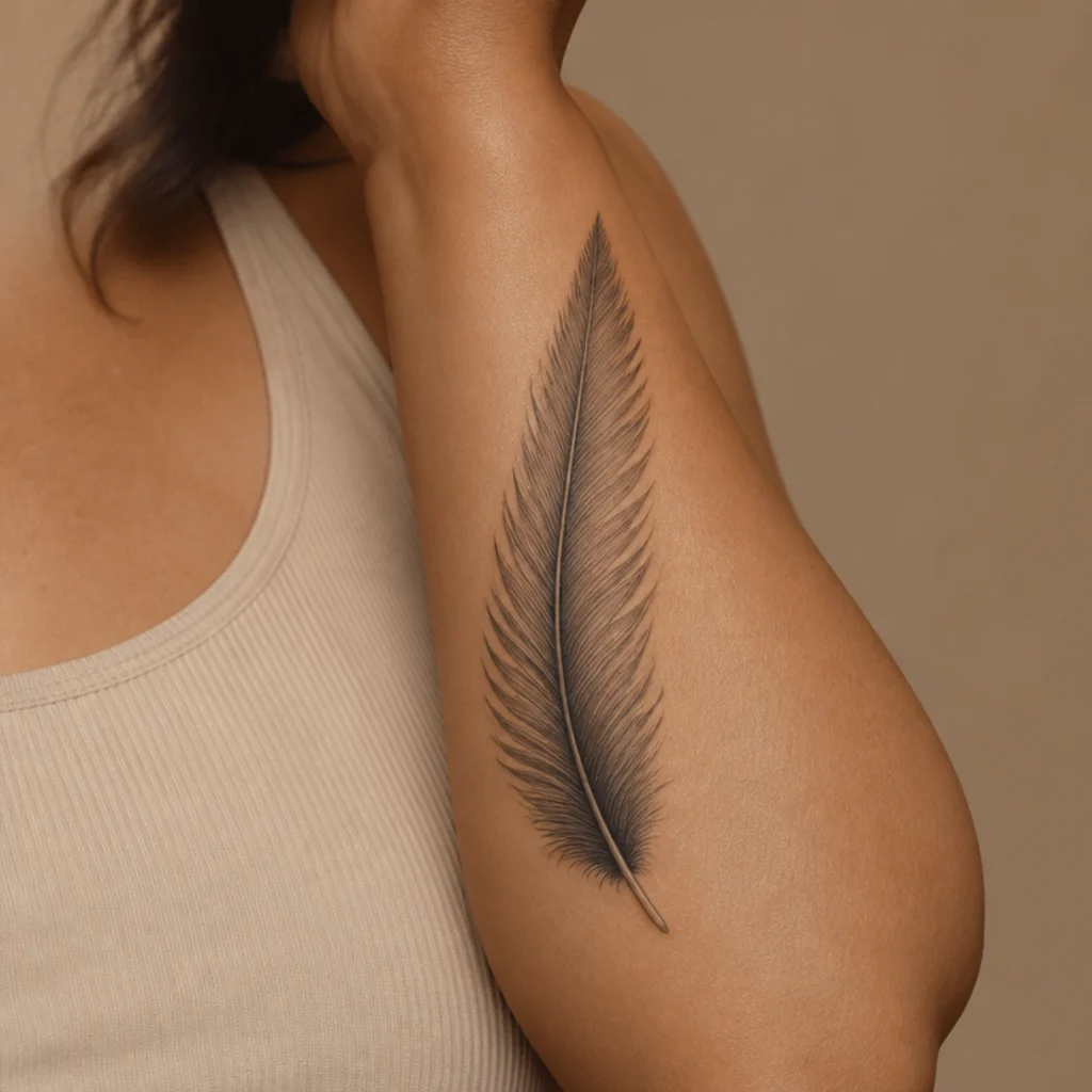 Realistic feather with fine barb detail fanning along the forearm in soft brown and black on medium skin