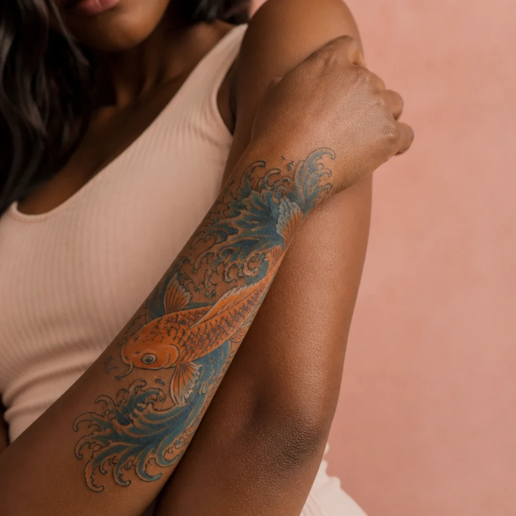 Orange koi fish swimming through a blue water ribbon along the outer forearm on deep skin
