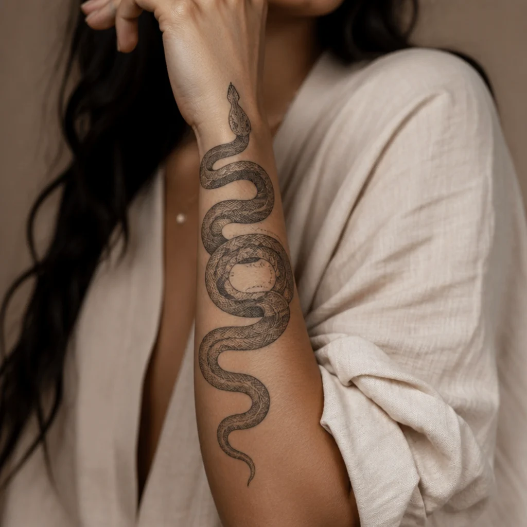 Coiled snake in fine stippled dotwork winding up the forearm in black and grey on olive skin