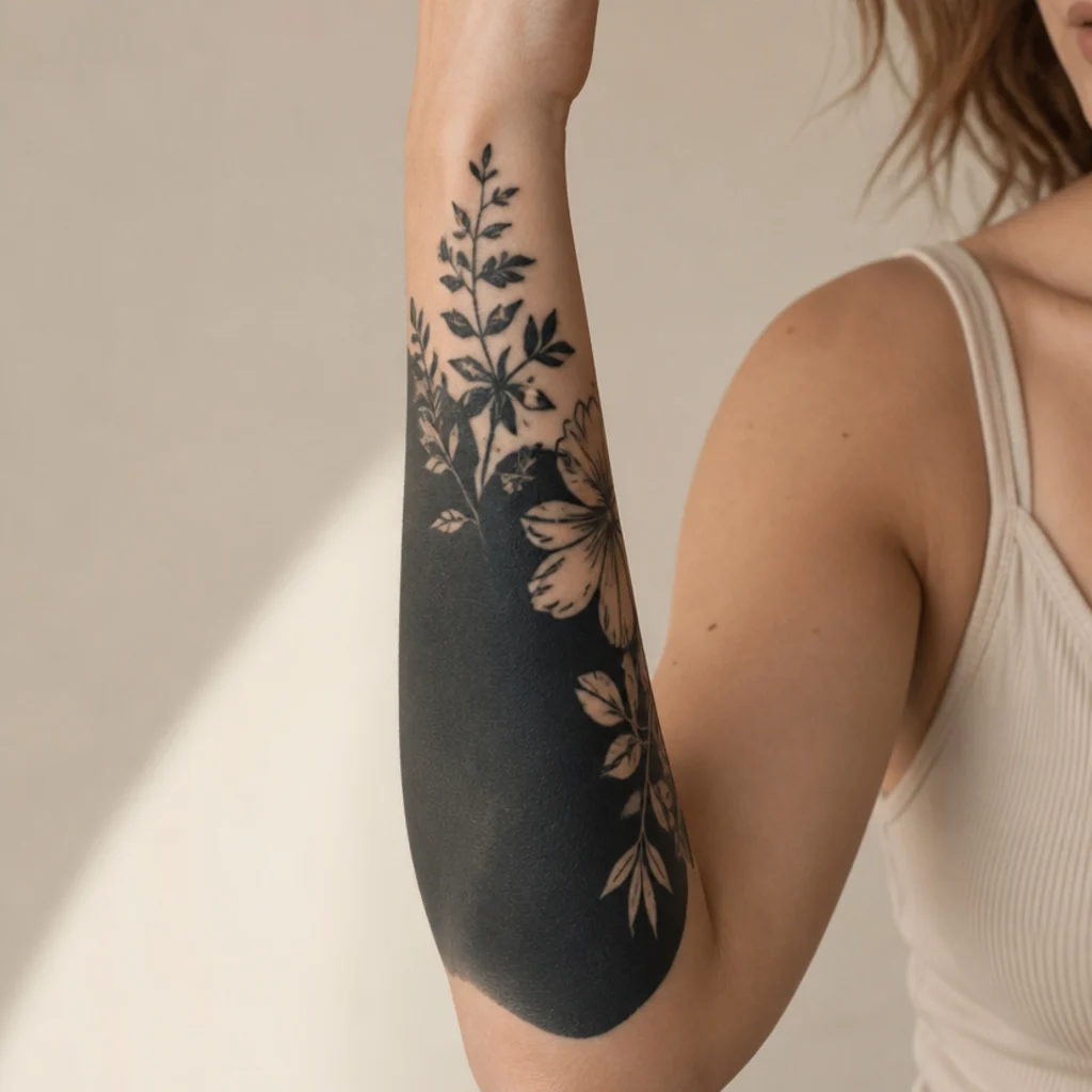 Botanical foliage fading into a soft blackout section along the forearm edge on fair skin