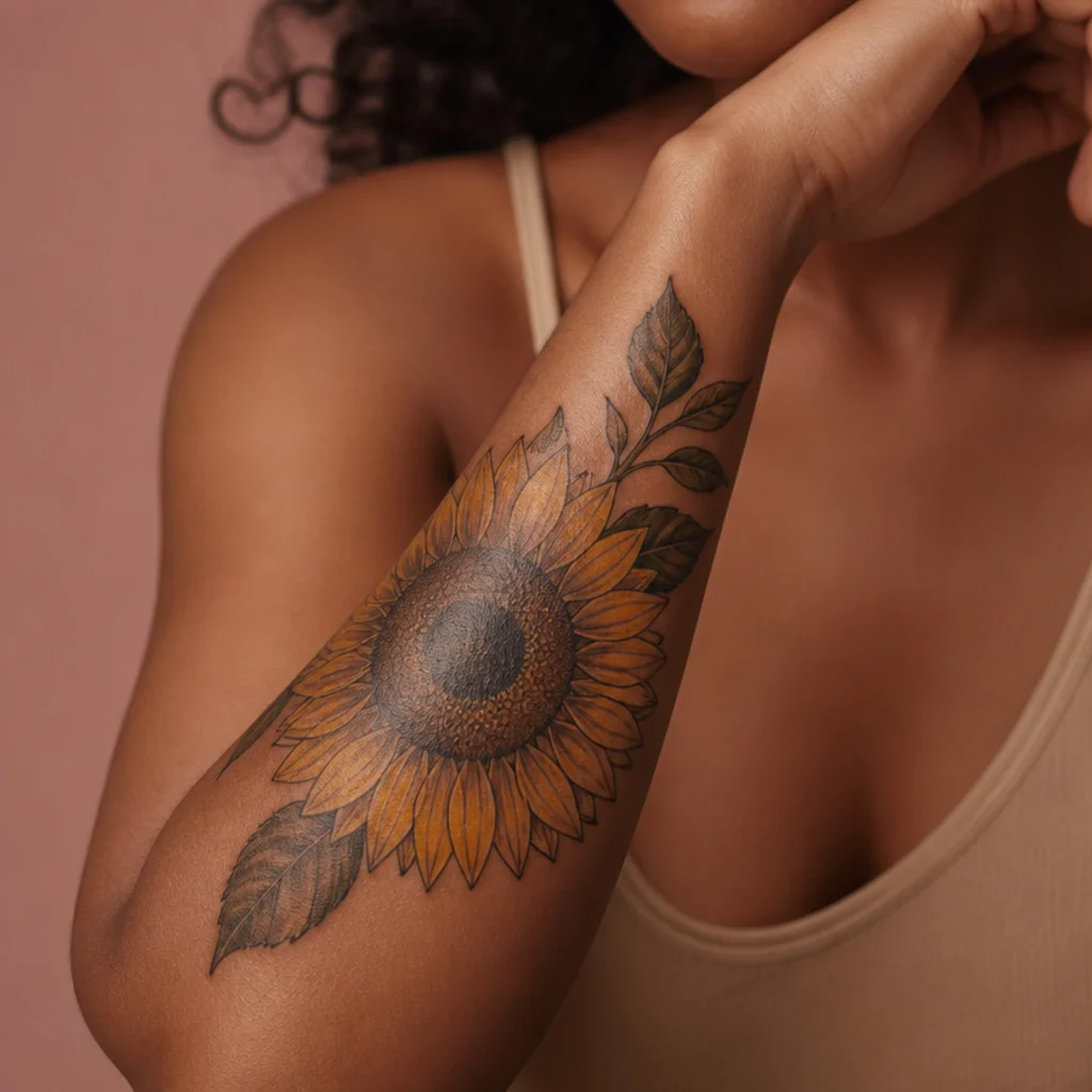 Large sunflower with deep brown center and golden petals covering the inner forearm on medium skin