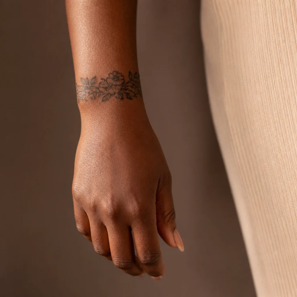 Floral bracelet band circling from the wrist up onto the lower forearm on deep skin