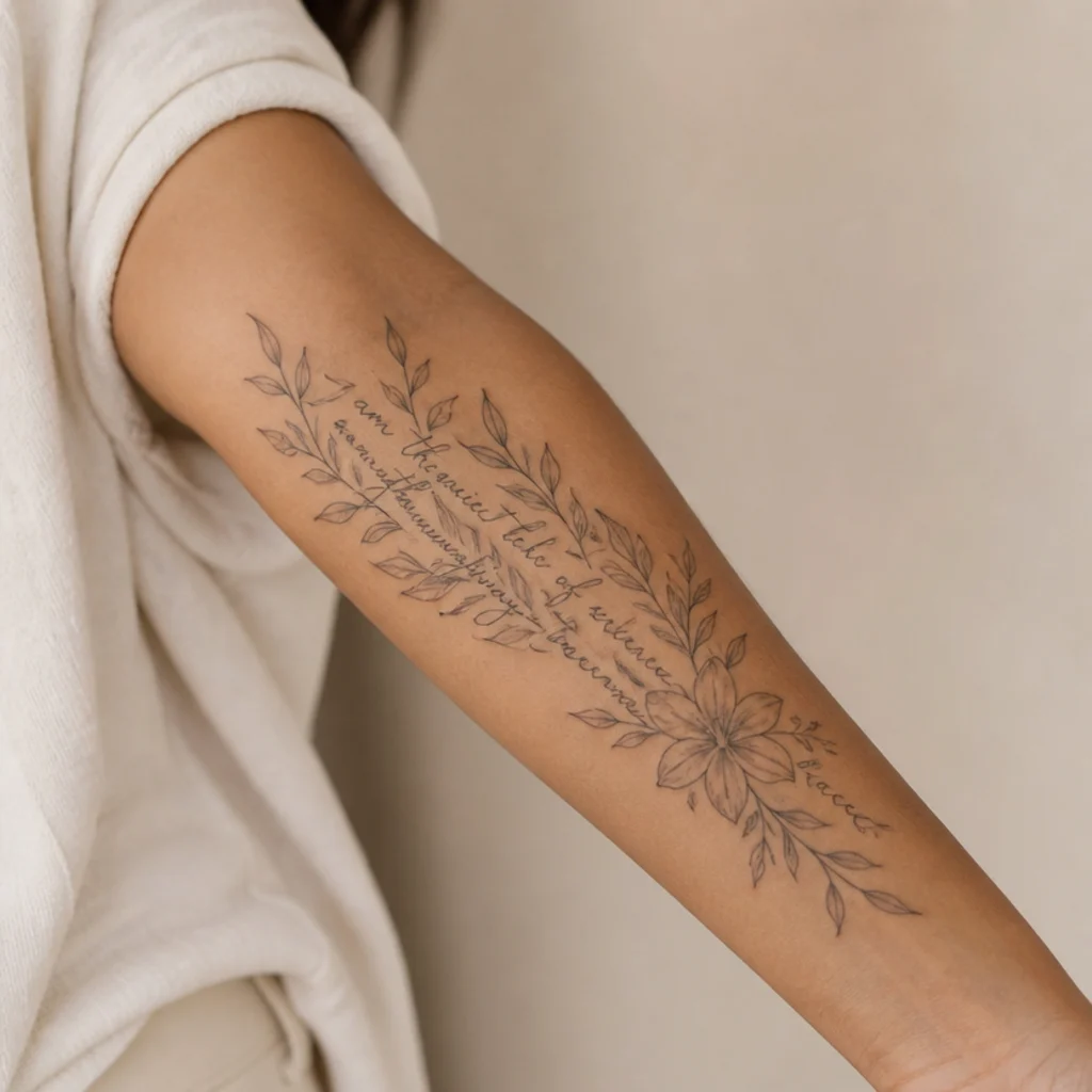 Old name tattoo reworked into flowing new script and leaves along the inner forearm on olive skin