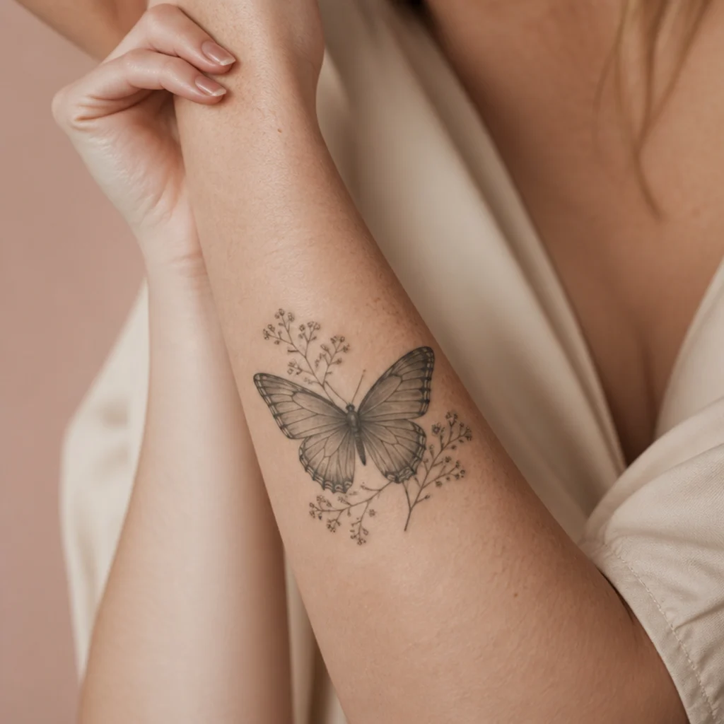 Soft grey butterfly surrounded by tiny baby's breath flowers on the inner forearm on fair skin