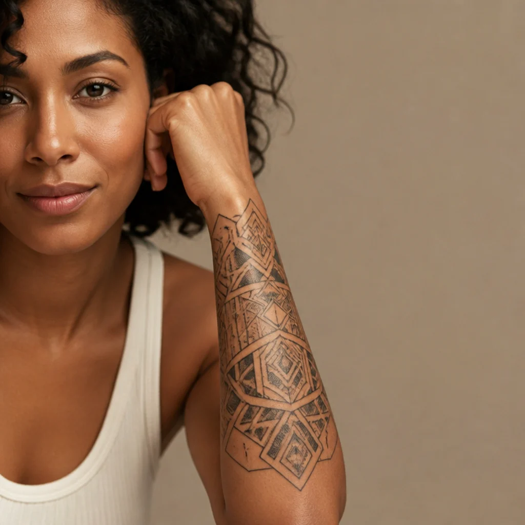 Geometric sacred-geometry panel with precise linework and solid shading along the outer forearm on deep skin