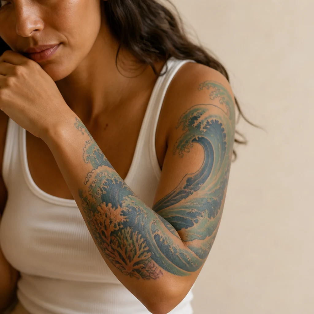 Curling ocean wave with coral and foam in layered blues and teal wrapping the forearm on medium skin