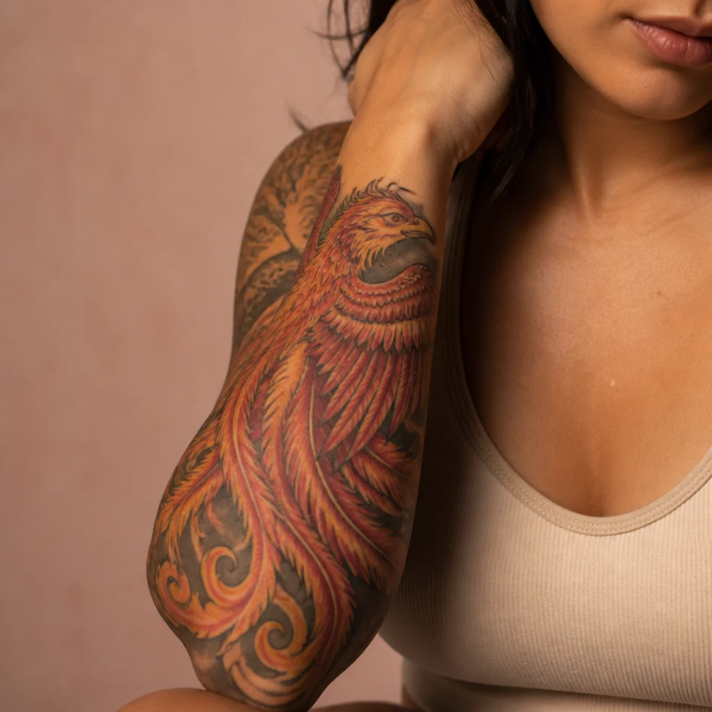 Phoenix wing sweeping up the forearm in warm reds and gold with black feather detail on olive skin