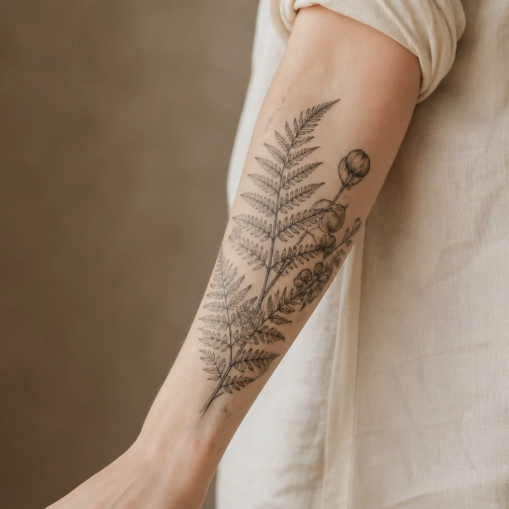 Vintage engraving-style botanical with fern and seed pods in fine black linework on fair skin
