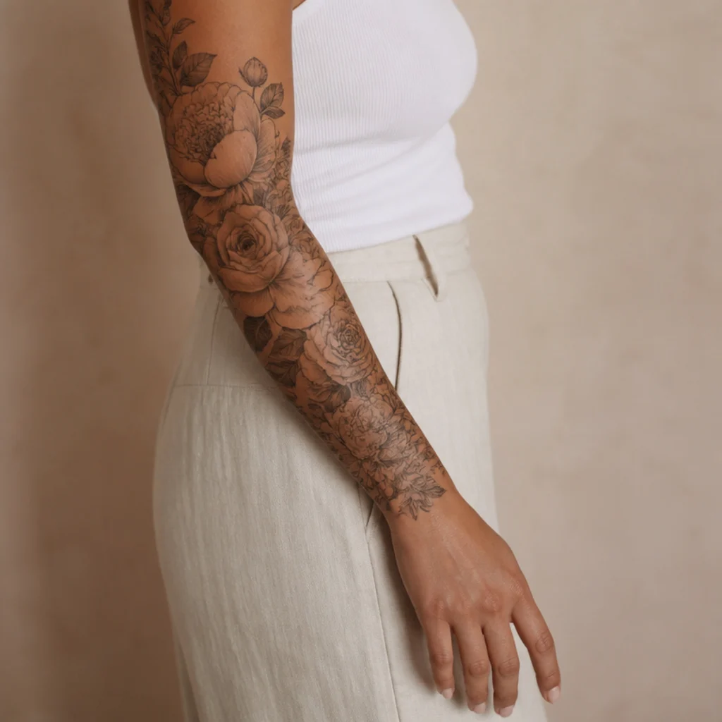 Flowing floral half-sleeve of roses and peonies covering the full forearm from wrist to elbow on medium skin