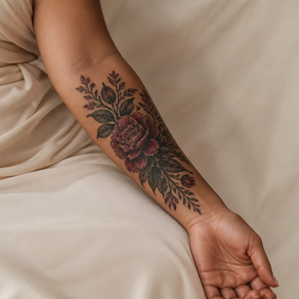 Woman's inner forearm styled with a healed floral blackout tattoo that conceals older ink, photographed in soft studio light