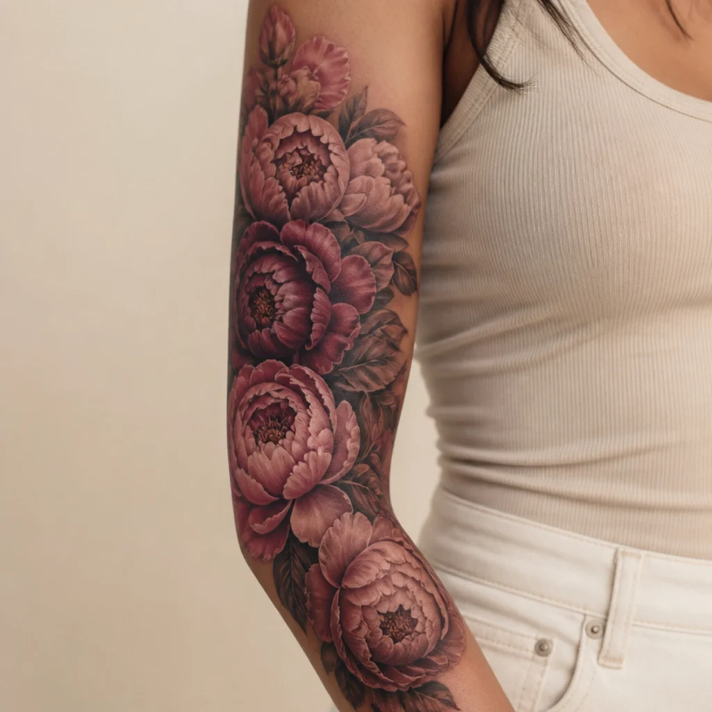 Cluster of layered peonies covering an old forearm tattoo in muted rose and deep berry with strong petal shadows