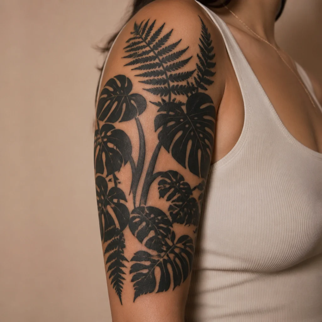 Bold blackwork leaves and stems wrapping the upper arm as the beginning of a sleeve with intentional negative space