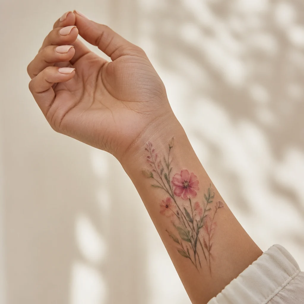 Soft watercolor wildflowers on the inner wrist in muted blush and sage with a saturated base linework anchoring the color