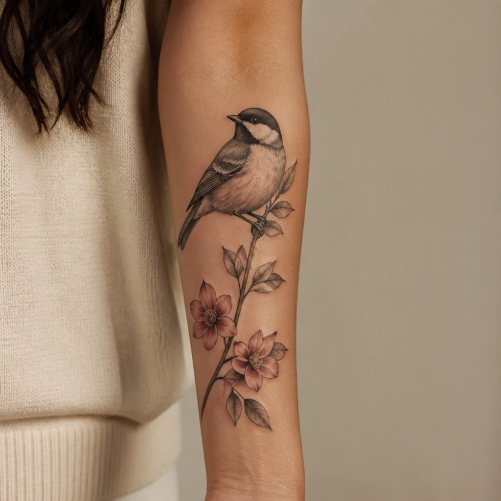 A small perched songbird redesigned over a faded name tattoo on the inner forearm with a trailing branch absorbing the lettering