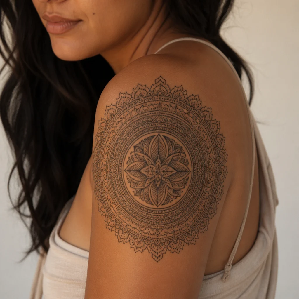 Symmetrical dotwork mandala covering a small tattoo on the outer shoulder with denser rings over the original