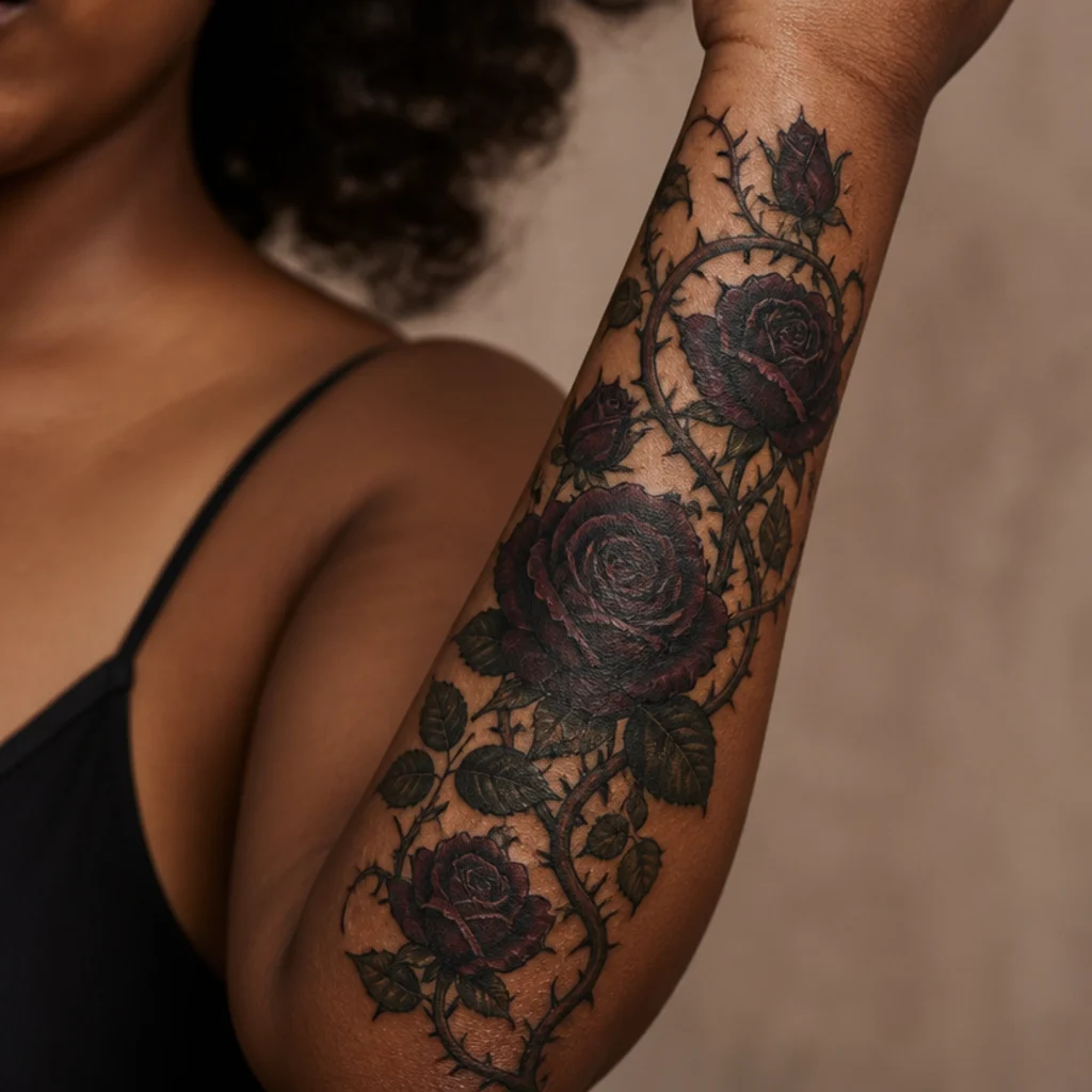 Deep berry roses with thorned stems running along the forearm as a cover-up with near-black petal cores