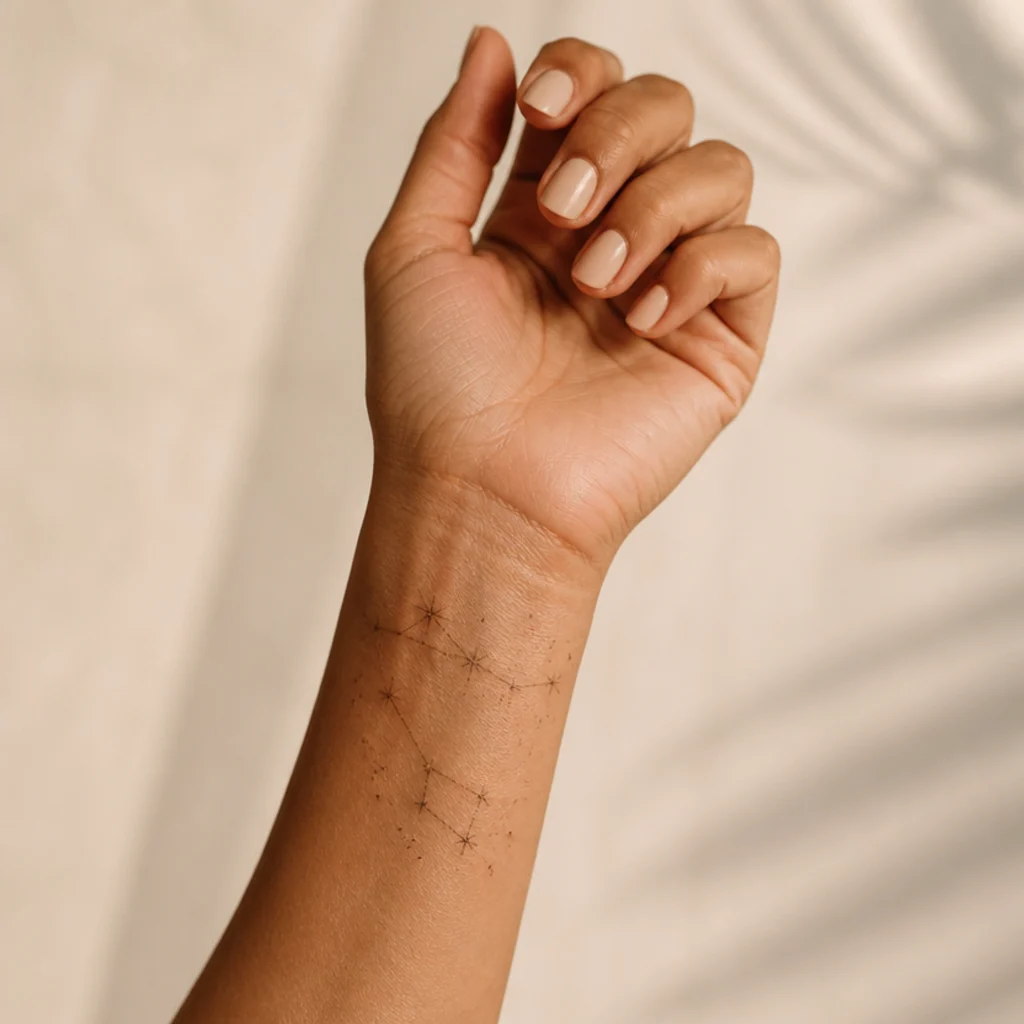 Delicate fine-line stars and constellation dots scattered over a very faint faded wrist tattoo