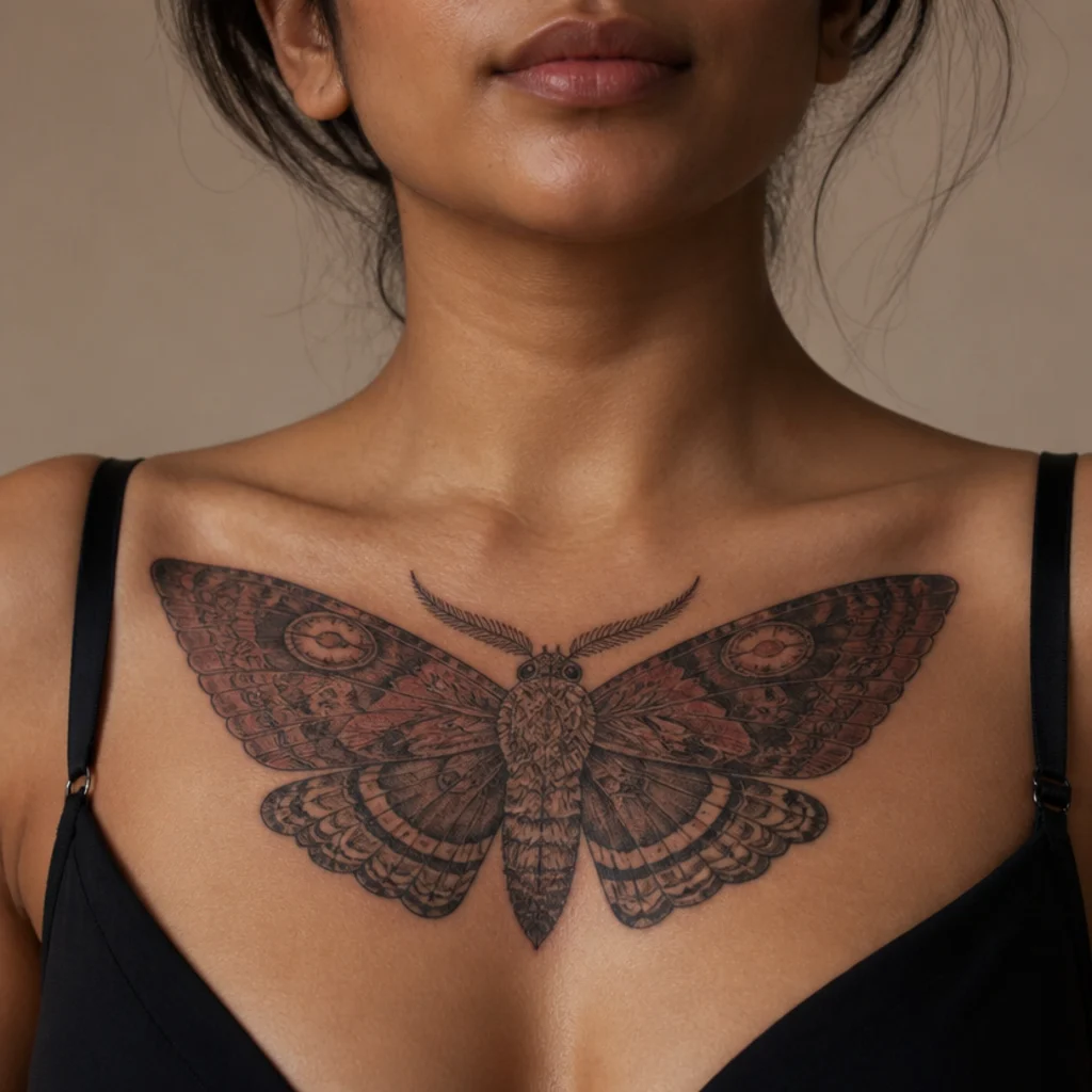 A detailed moth with symmetrical spread wings covering a rectangular old tattoo on the sternum with dense wing markings