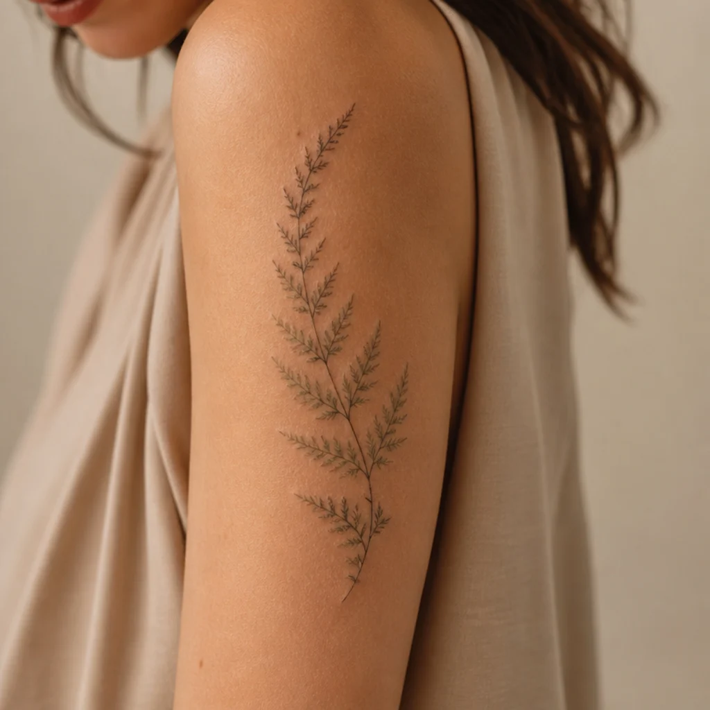 Delicate fern fronds traced along a healed flat scar on the upper arm in soft green-black