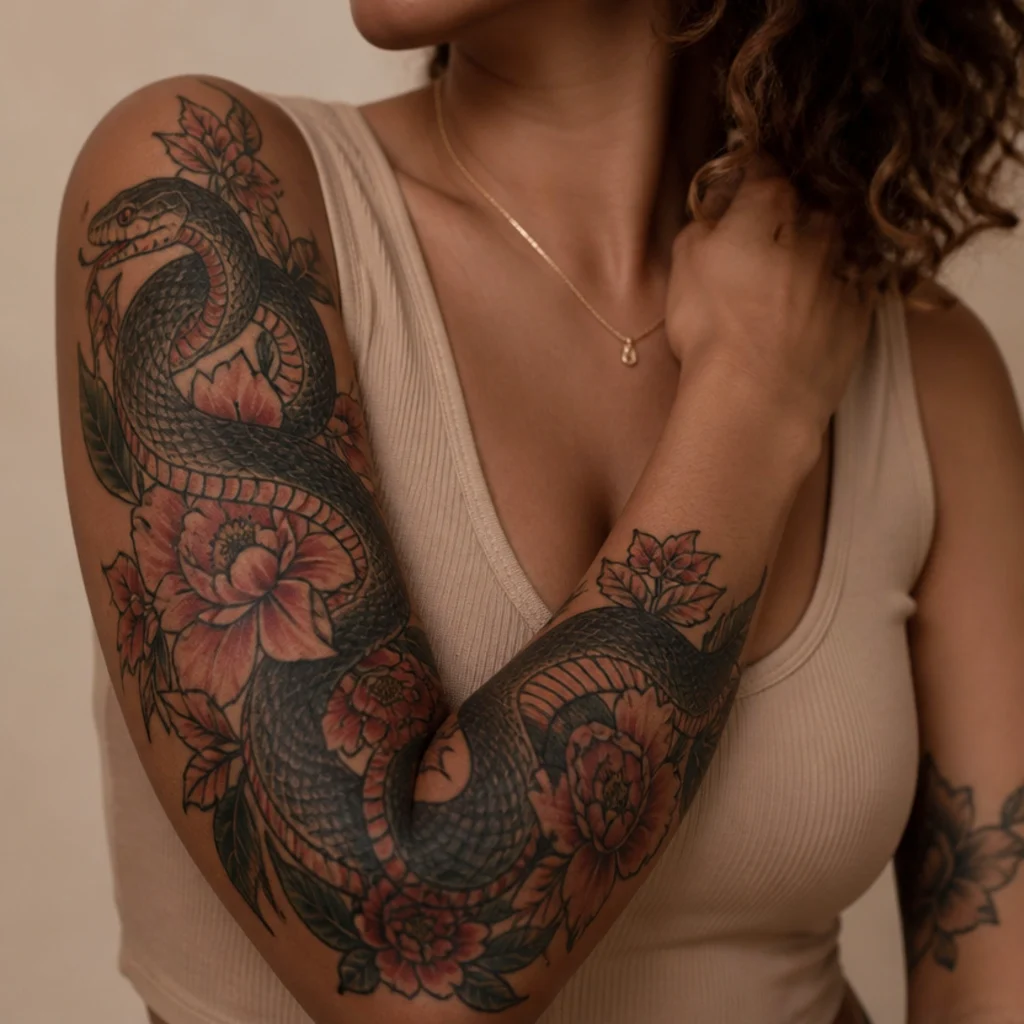 Neo-traditional snake curving through blossoms in muted rose and charcoal down the forearm covering old ink