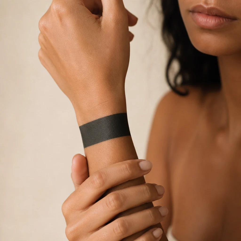 A solid black band wrapped around the wrist covering an old bracelet-style tattoo with even saturation