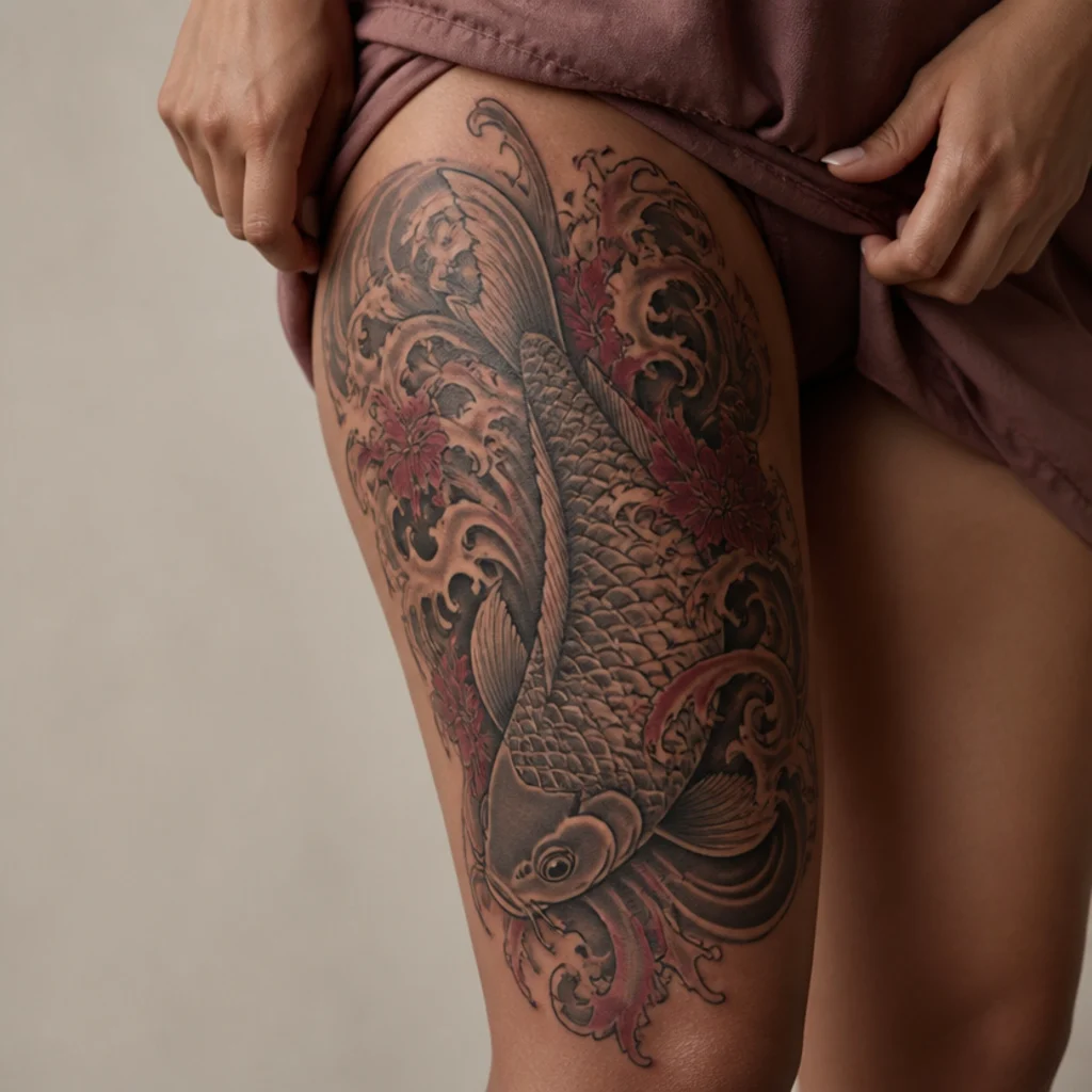A koi fish surrounded by stylized water swirls covering a large old tattoo on the outer thigh
