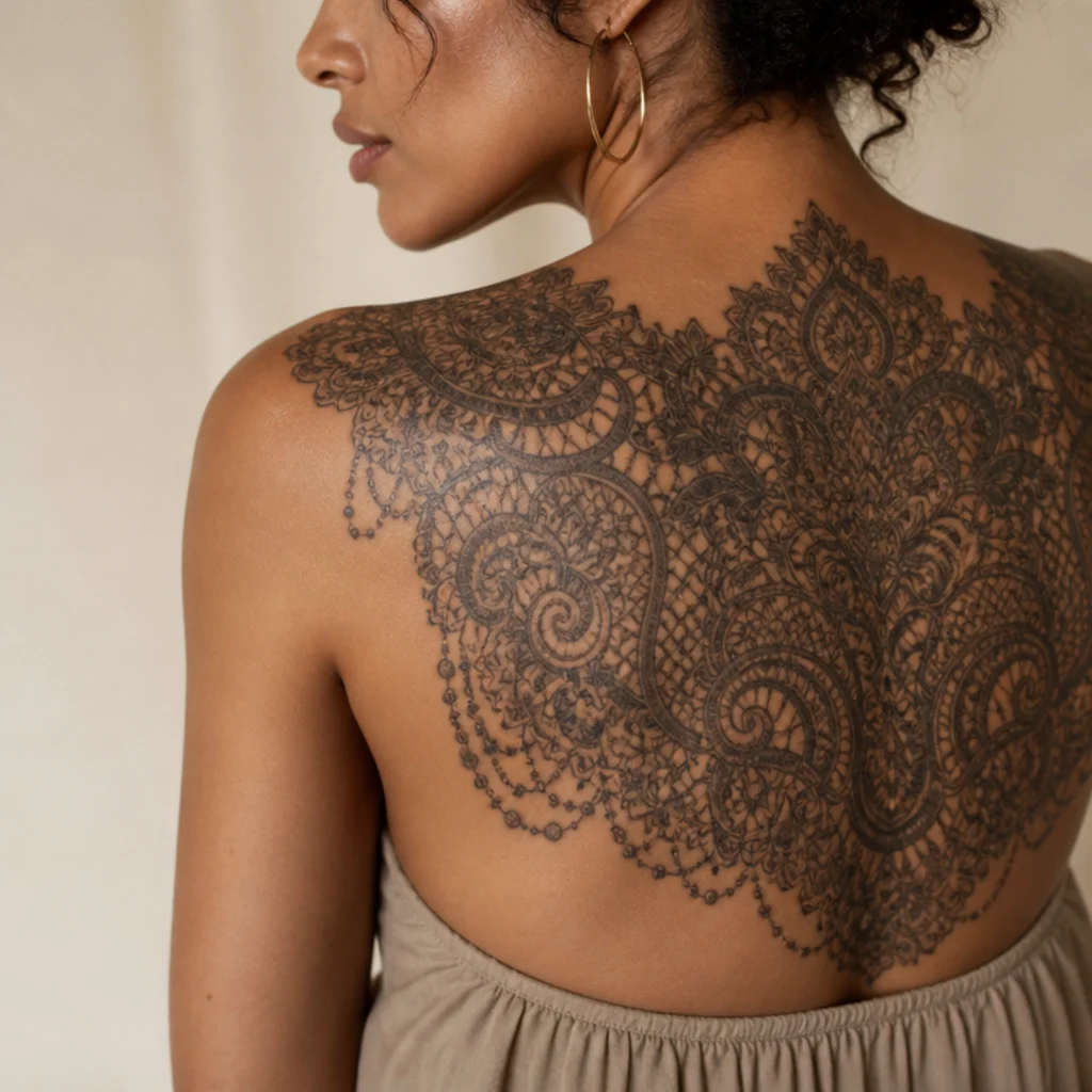 Delicate lace and filigree pattern covering an old tattoo across the shoulder blade with denser beading over the original