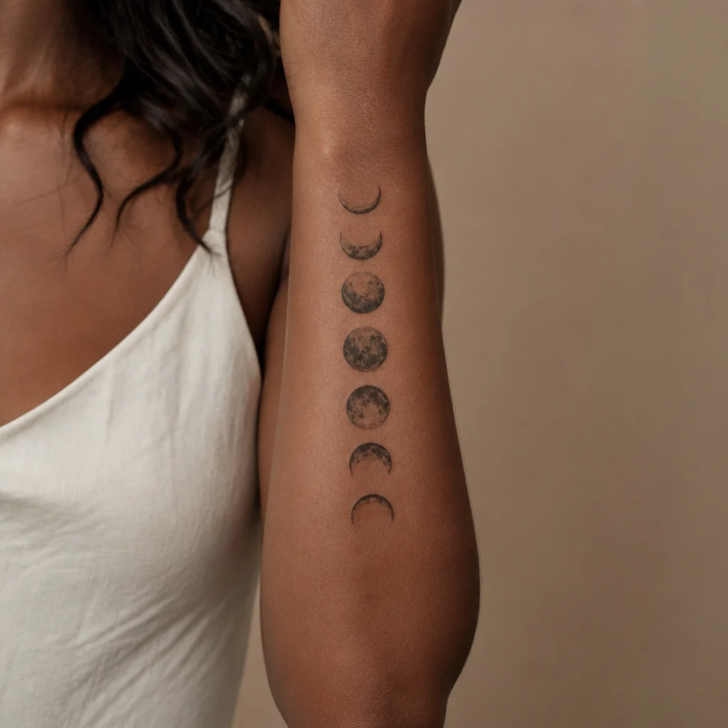 A vertical row of dotwork moon phases covering a small linear tattoo along the inner forearm