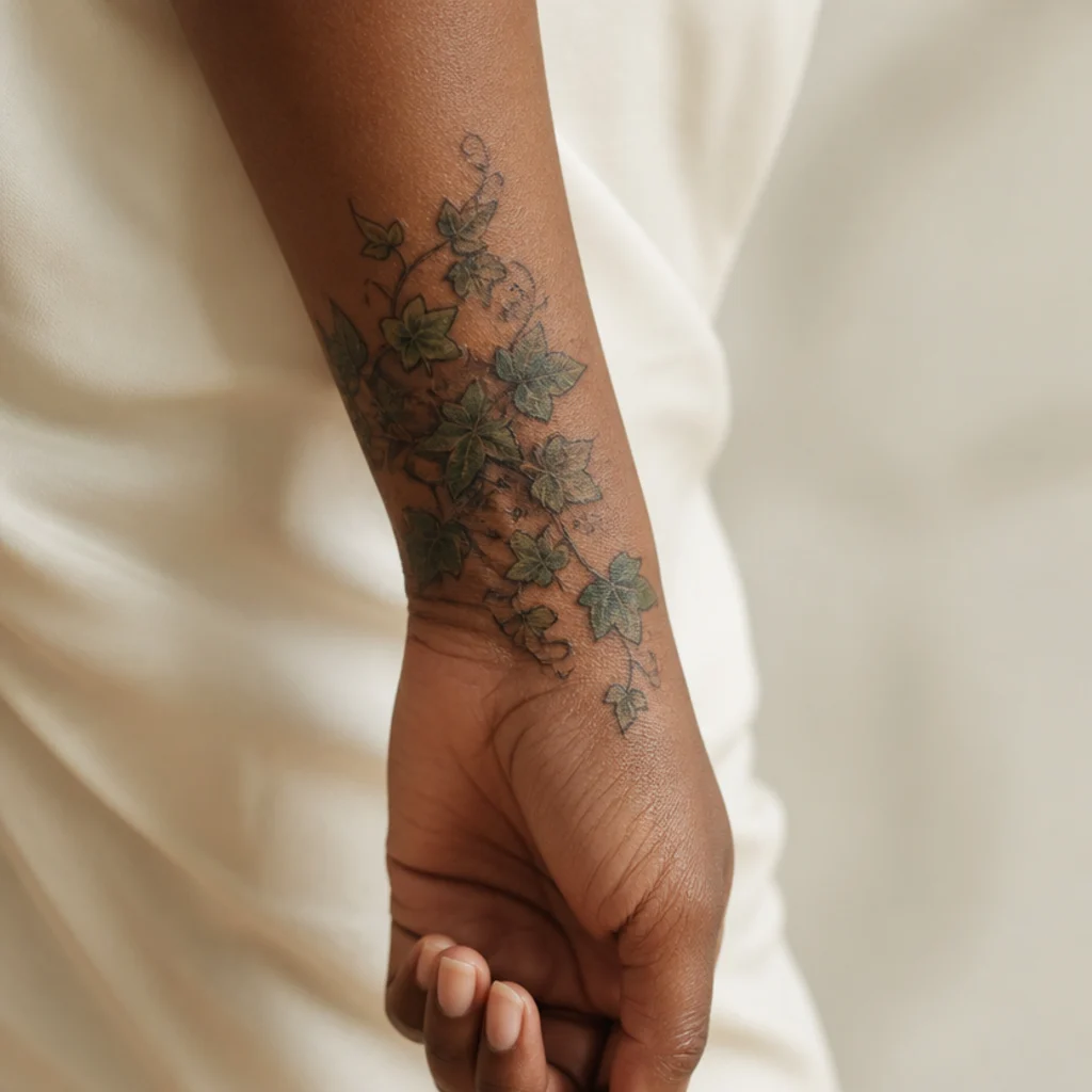 Trailing ivy leaves wrapping around the wrist as a cover-up in soft sage and charcoal with clustered leaves over old ink