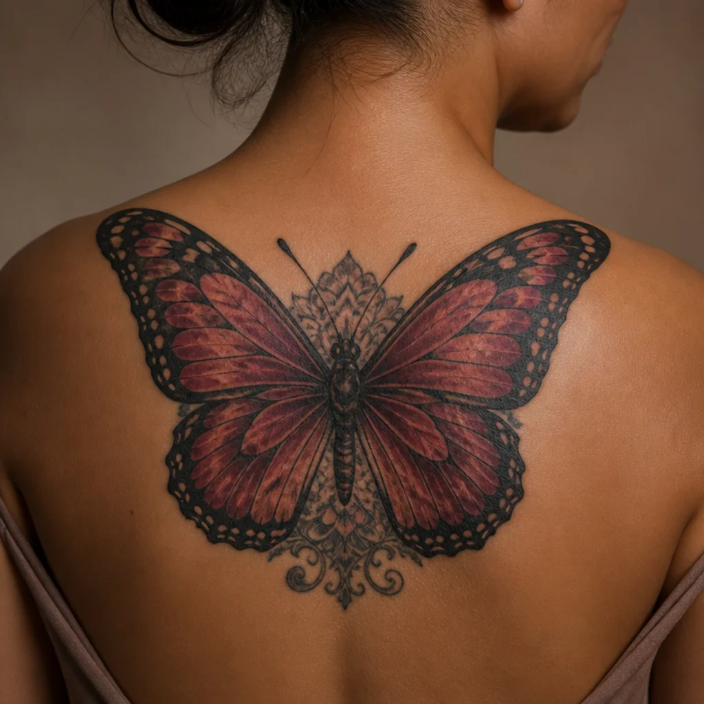 A large bold butterfly with saturated wings covering an old tattoo on the upper back with symmetry centered over the original