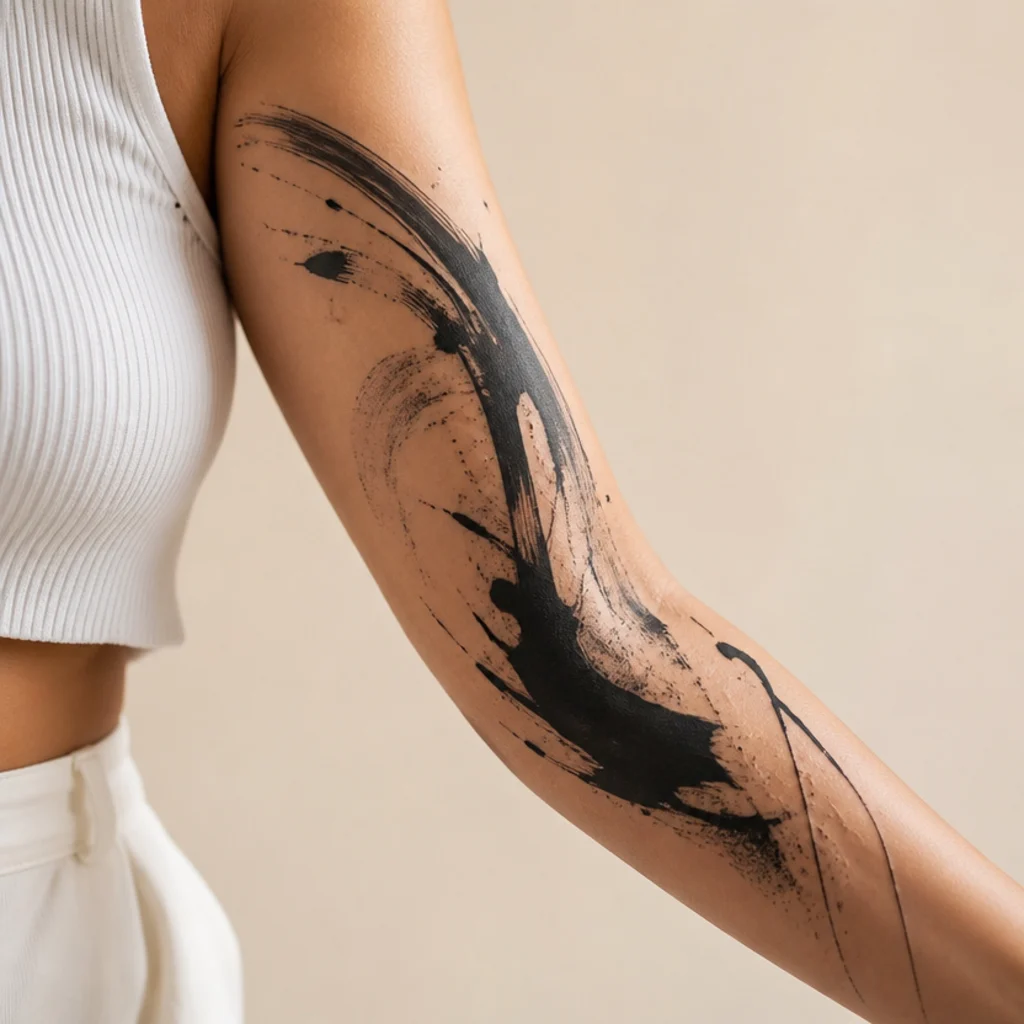 Abstract black brushstroke shapes covering an old tattoo across the outer forearm balancing solid and textured black