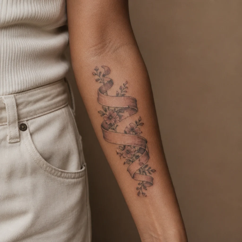 An old name tattoo transformed into a flowing ribbon banner with small florals on the forearm
