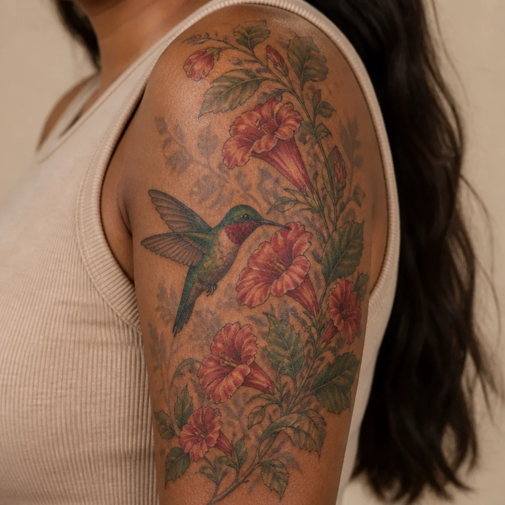 A hummingbird feeding at trumpet flowers covering an old tattoo on the outer upper arm with blooms over the heaviest ink