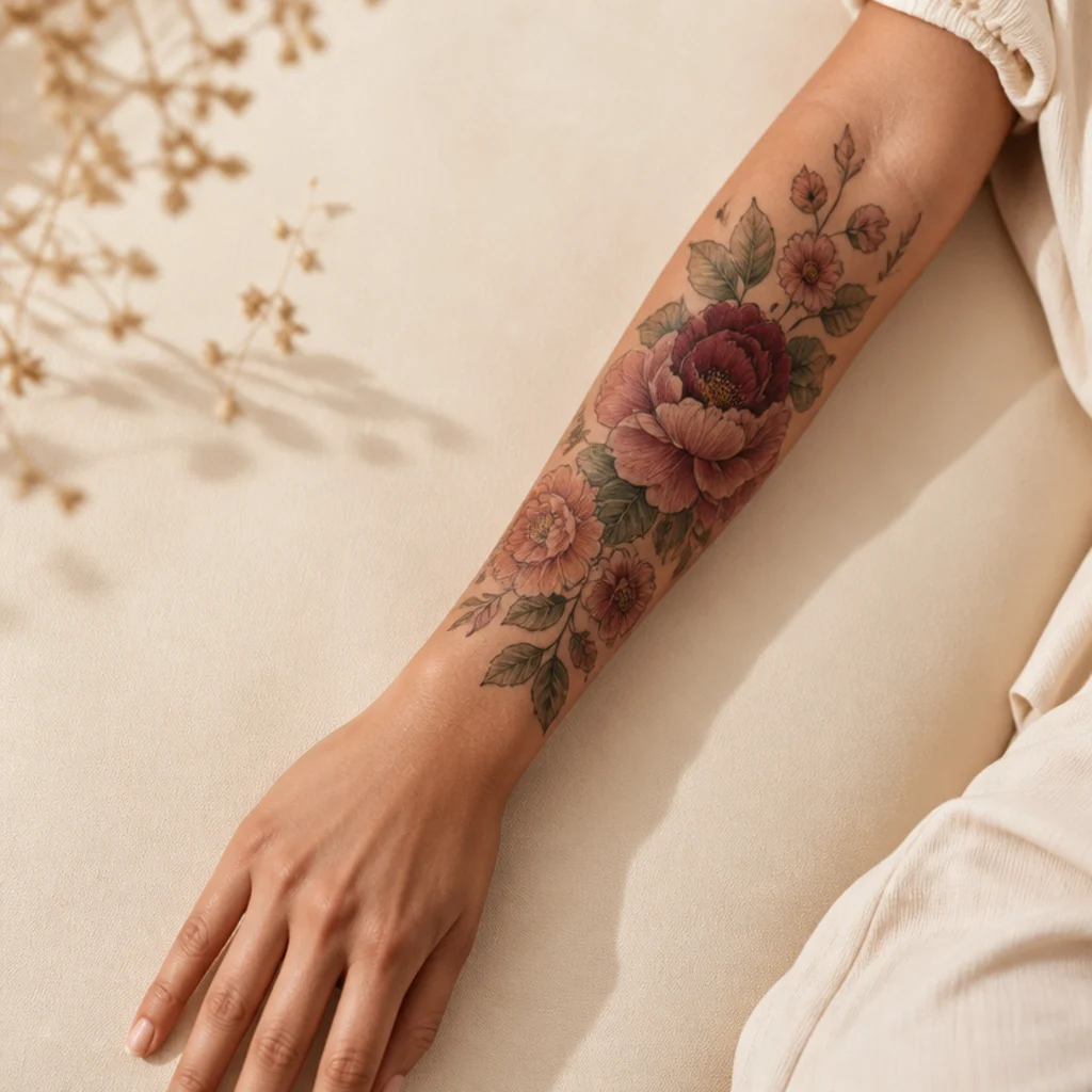 Woman's forearm showing a soft floral cover-up tattoo in muted rose and sage on warm ivory background