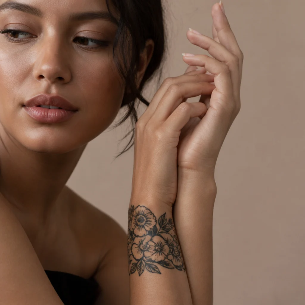 Bold blackwork floral band wrapping a woman's wrist with dense peony and leaf shapes rendered in solid saturated black ink