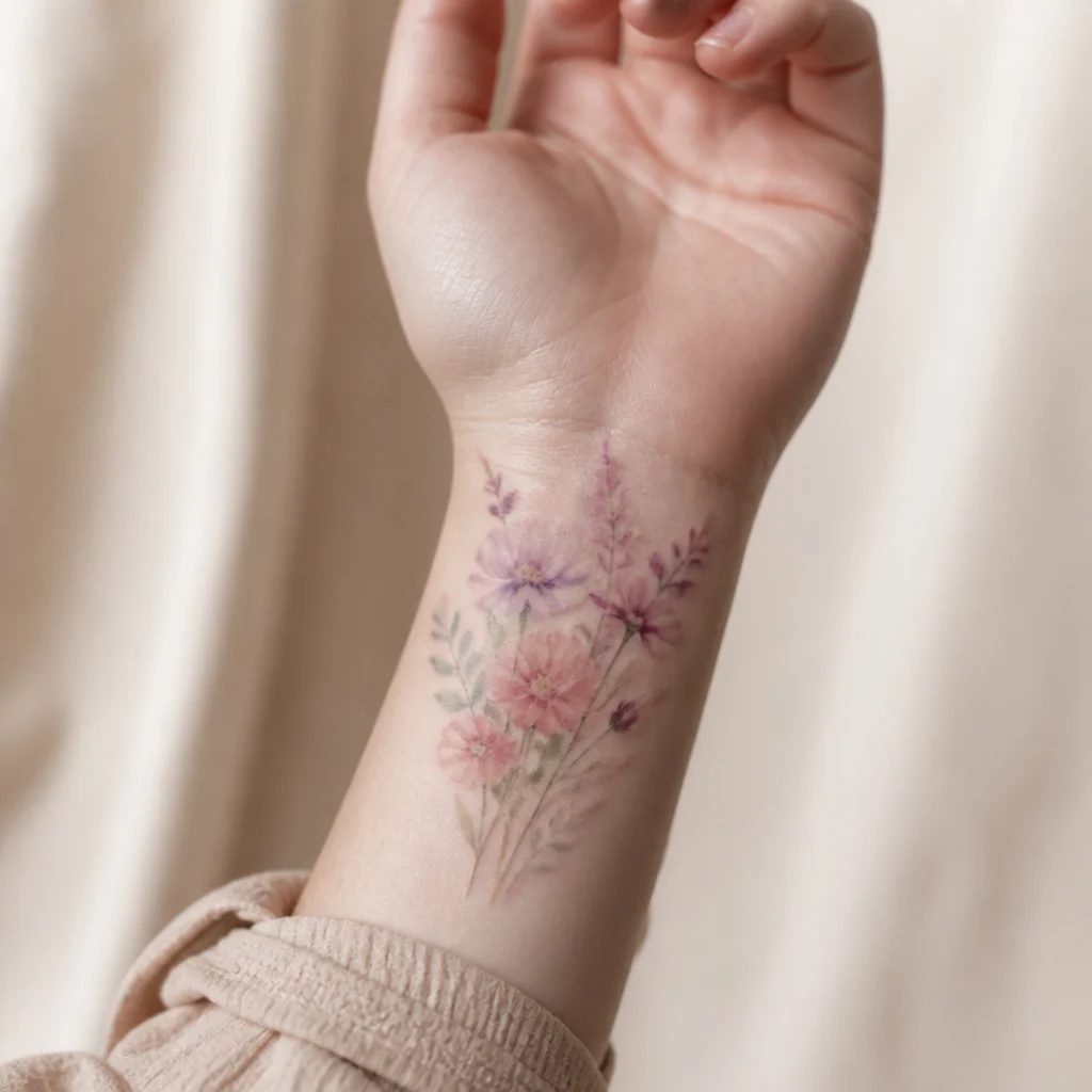 Soft watercolor wildflower cover up tattoo wrapping a wrist in blush, lavender, and sage with diffuse edges and no hard outlines