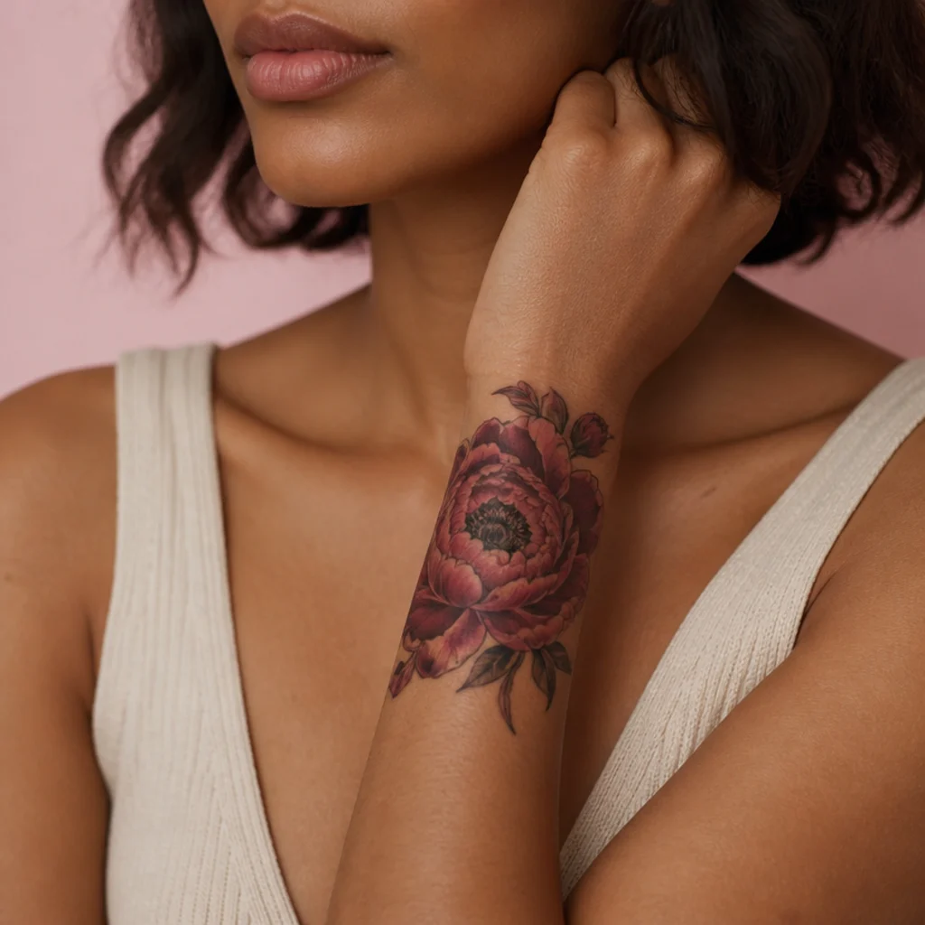 Single large peony cover up tattoo in deep magenta and black shading centered on the outer wrist with layered ruffled petals