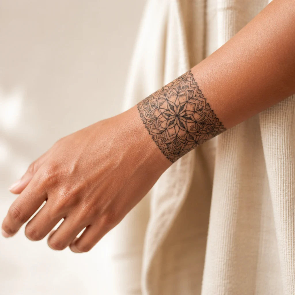 Symmetrical geometric mandala cuff tattoo circling the wrist in fine black linework and evenly graded dotwork shading