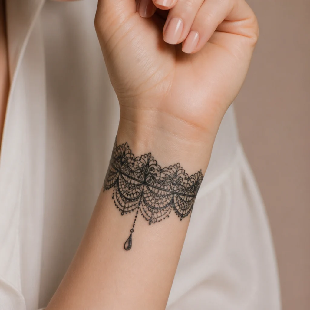 Delicate black lace bracelet tattoo with scalloped edges and a small hanging charm wrapping a slim wrist in ornamental detail