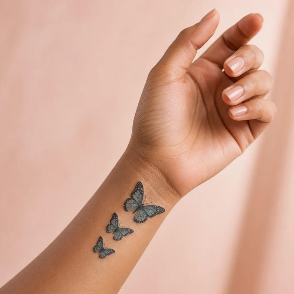 Cluster of three butterflies in graduated sizes covering a wrist tattoo, wings shaded in soft blue and black with fine antenna detail