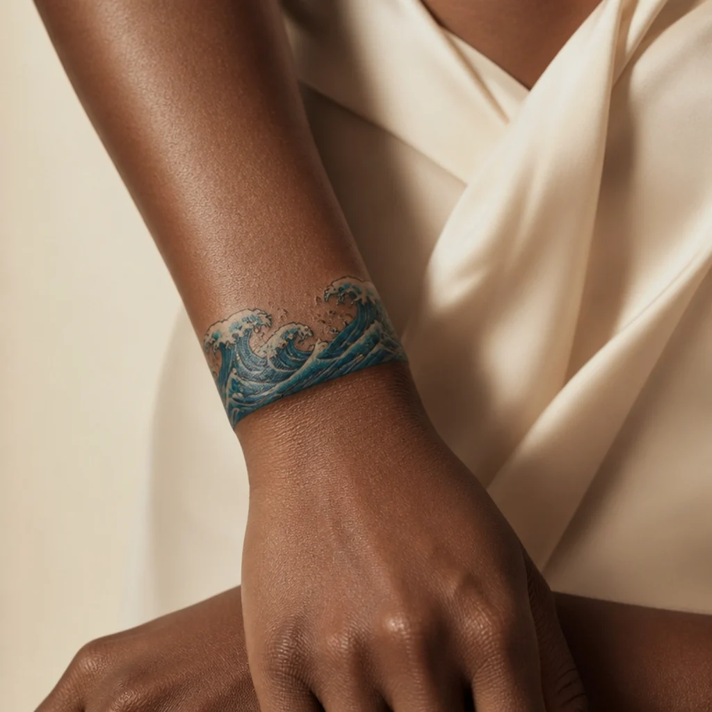 Stylized ocean wave band tattoo circling the wrist in blue and teal with white foam highlights in a woodblock print style