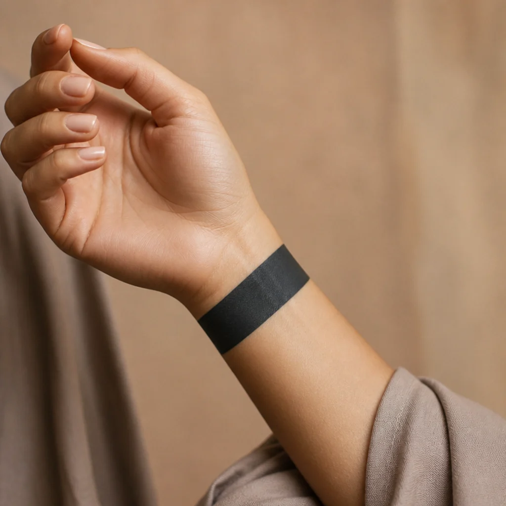 Solid blackout band tattoo circling the wrist like a smooth matte black cuff with clean crisp edges