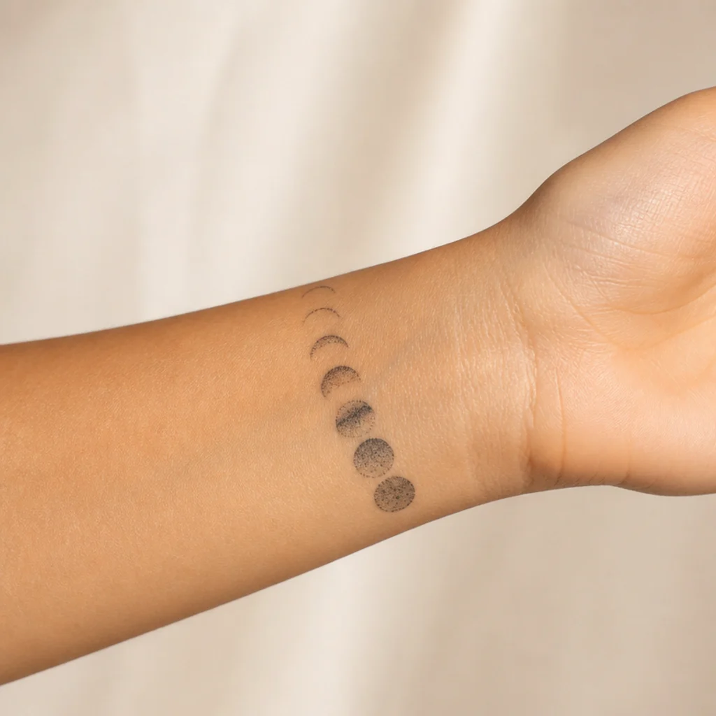 Row of moon phases in stippled dotwork circling the wrist from new moon to full moon in graded black stippling