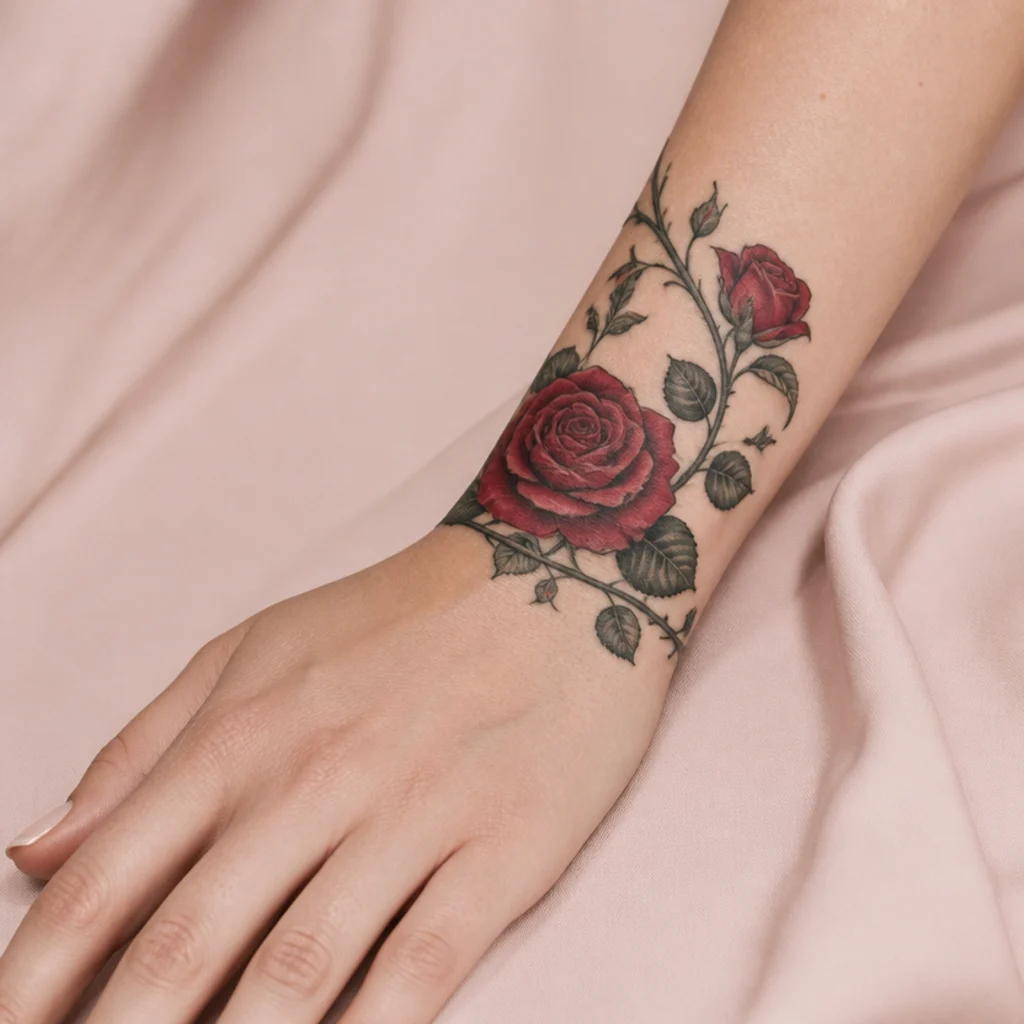 Trailing rose and vine tattoo spiraling around the wrist with deep red blooms and dark green leaves connected by winding stems