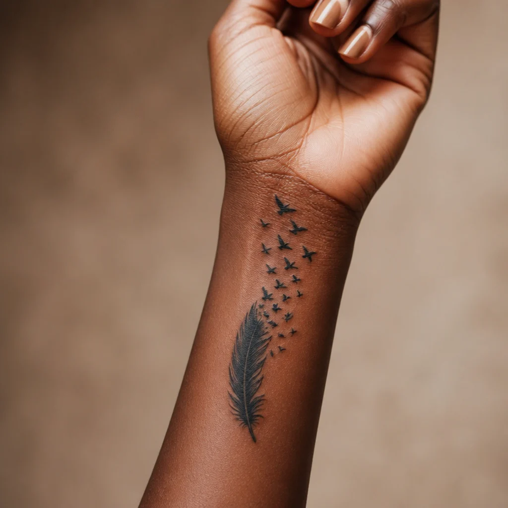 Feather dispersing into small flying birds tattoo along the inner wrist in a soft graded black gradient