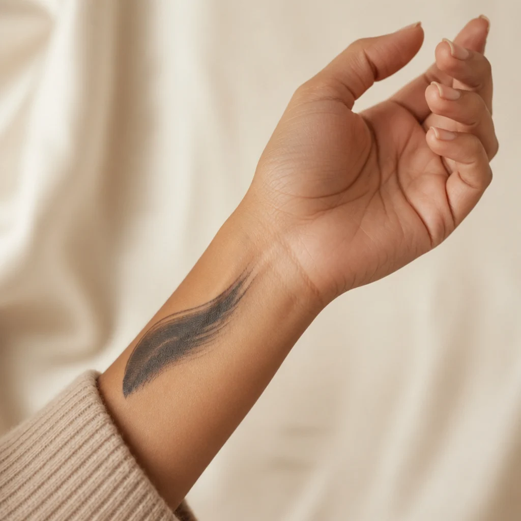 Abstract black brushstroke tattoo sweeping across the wrist with textured painterly edges and varied opacity