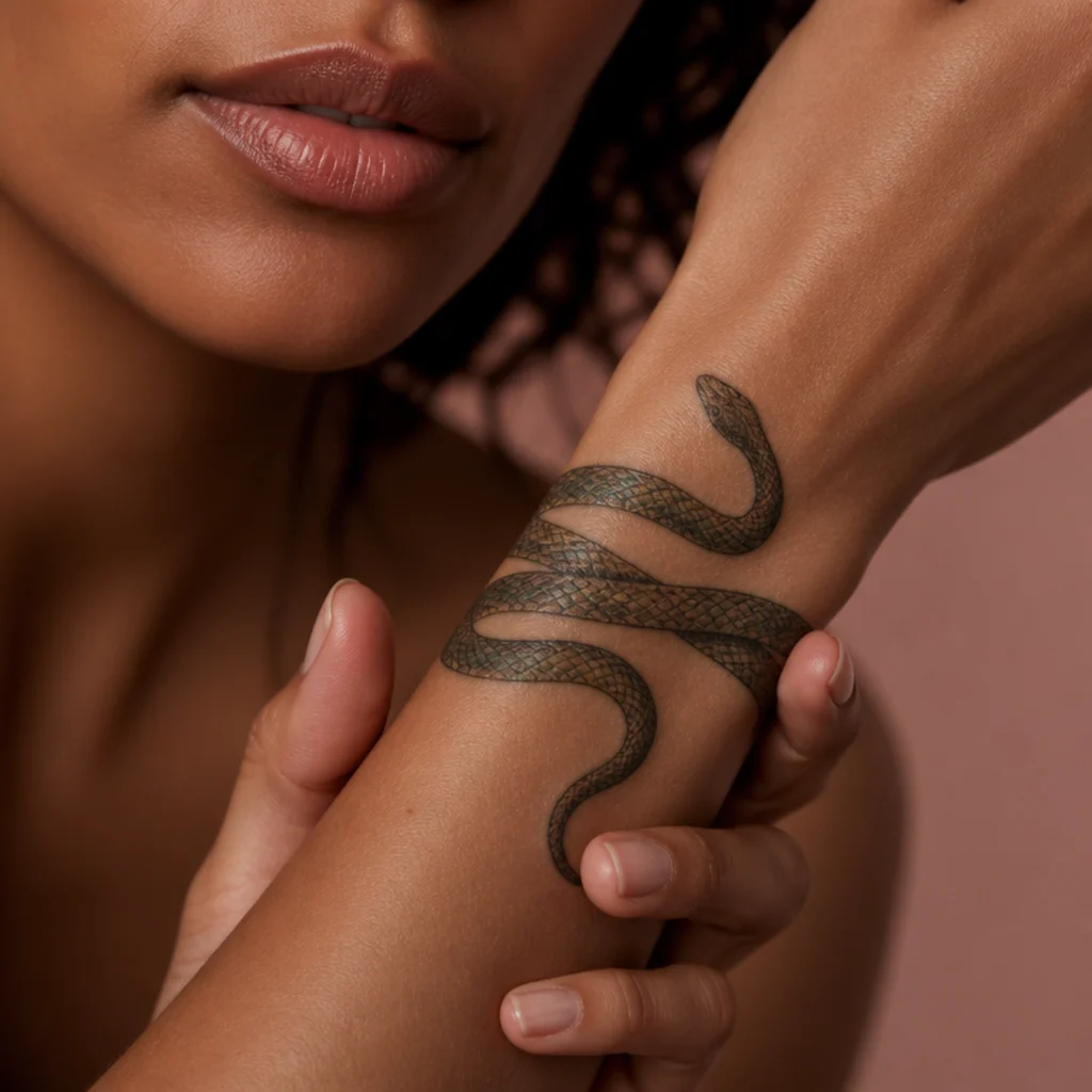 Slender snake tattoo coiling around the wrist with fine scale detail and a subtle iridescent green sheen