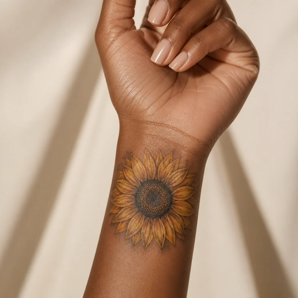Single large sunflower cover up tattoo on the outer wrist with golden petals and a dark heavily textured seed center