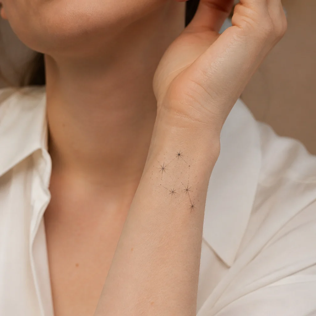 Delicate celestial tattoo of a constellation and scattered stars across the inner wrist in fine black lines with a few bolder anchor stars
