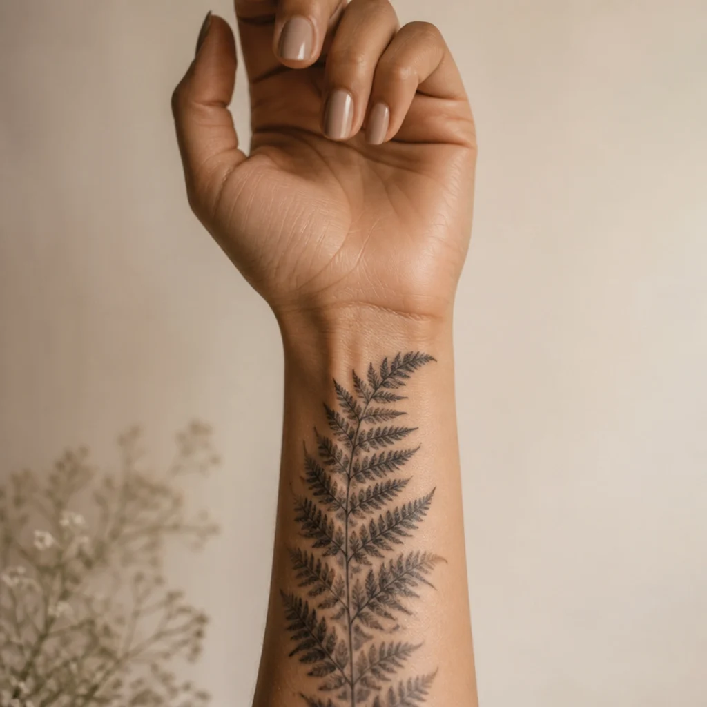 Trailing fern frond tattoo with many detailed leaflets running along the wrist in soft graded black shading